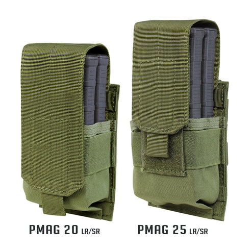Two olive green Condor Single M14 Mag Pouch Gen II pouches, ideal for EDC or law enforcement, hold black PMAG 20 and PMAG 25 LR/SR magazines upright with labels showing their respective capacities.